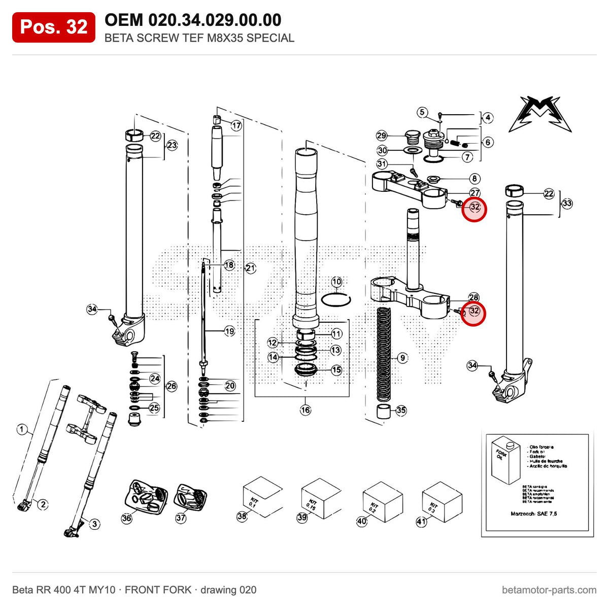 BETA SCREW TEF M8X35 SPECIAL – OEM 020.34.029.00.00, position 32 on the Beta RR 400 4T MY10 front fork drawing