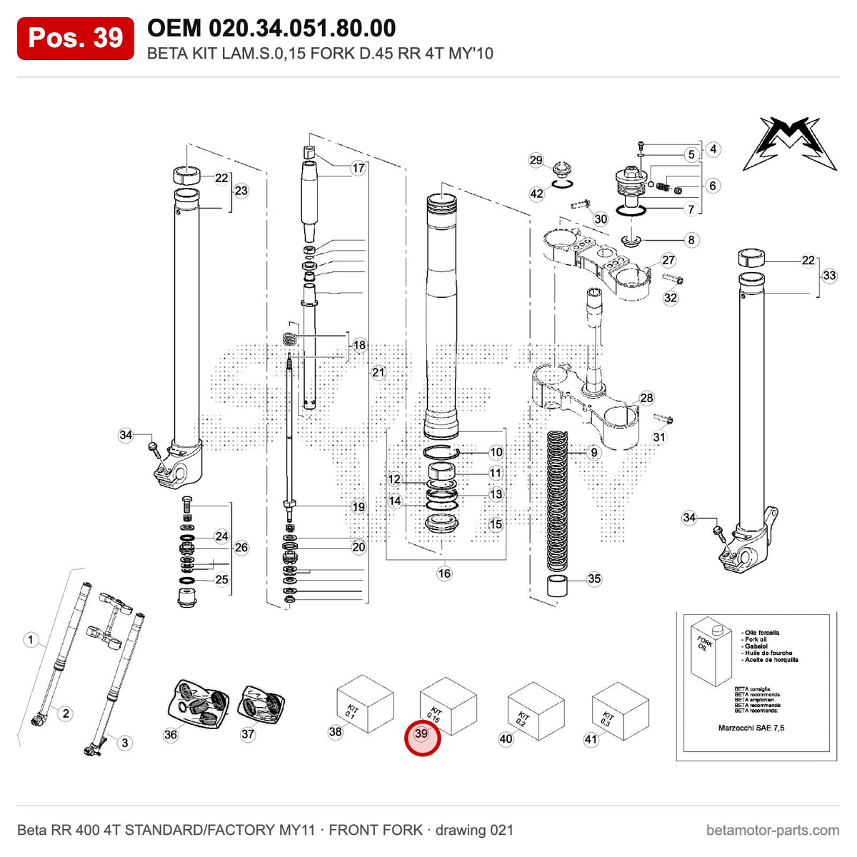 BETA KIT LAM.S.0,15 FORK D.45 RR 4T MY'10 – OEM 020.34.051.80.00, position 39 on the Beta RR 400 4T STANDARD/FACTORY MY11 front fork drawing