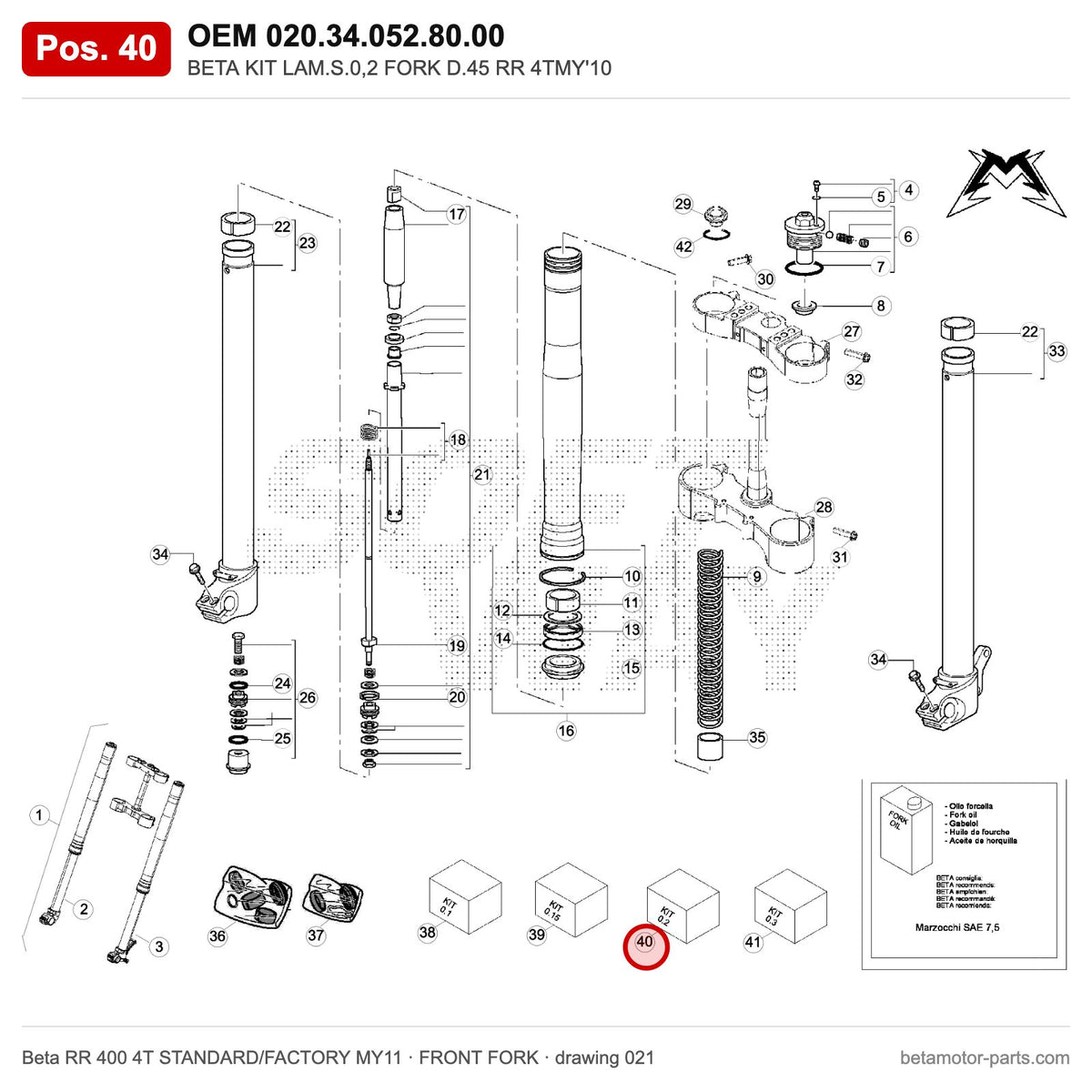 BETA KIT LAM.S.0,2 FORK D.45 RR 4TMY'10 – OEM 020.34.052.80.00, position 40 on the Beta RR 400 4T STANDARD/FACTORY MY11 front fork drawing