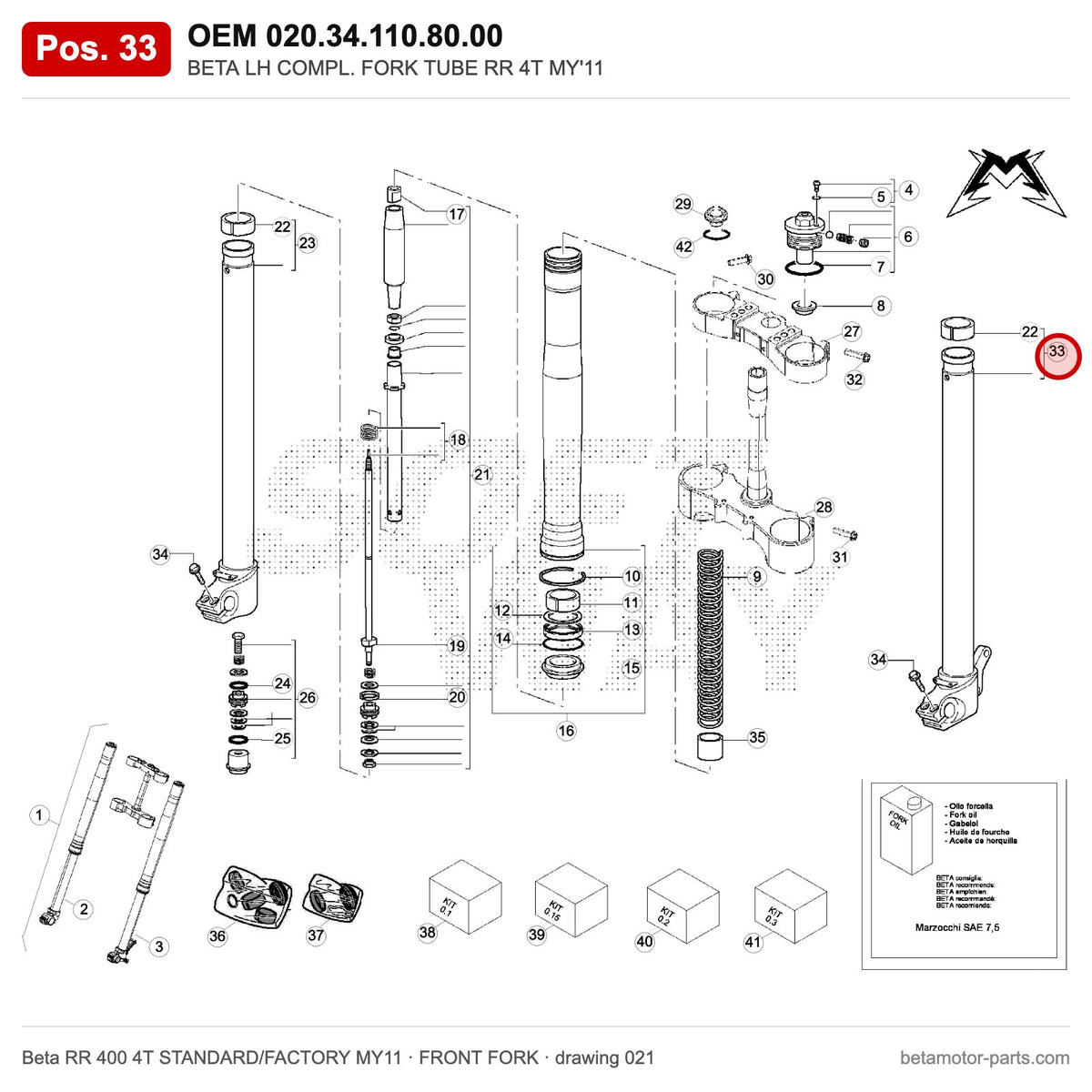 BETA LH COMPL. FORK TUBE RR 4T MY'11 – OEM 020.34.110.80.00, position 33 on the Beta RR 400 4T STANDARD/FACTORY MY11 front fork drawing