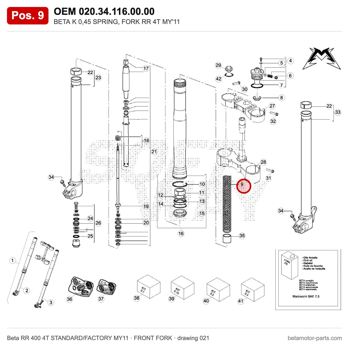 BETA K 0,45 SPRING, FORK RR 4T MY'11 – OEM 020.34.116.00.00, position 9 on the Beta RR 400 4T STANDARD/FACTORY MY11 front fork drawing