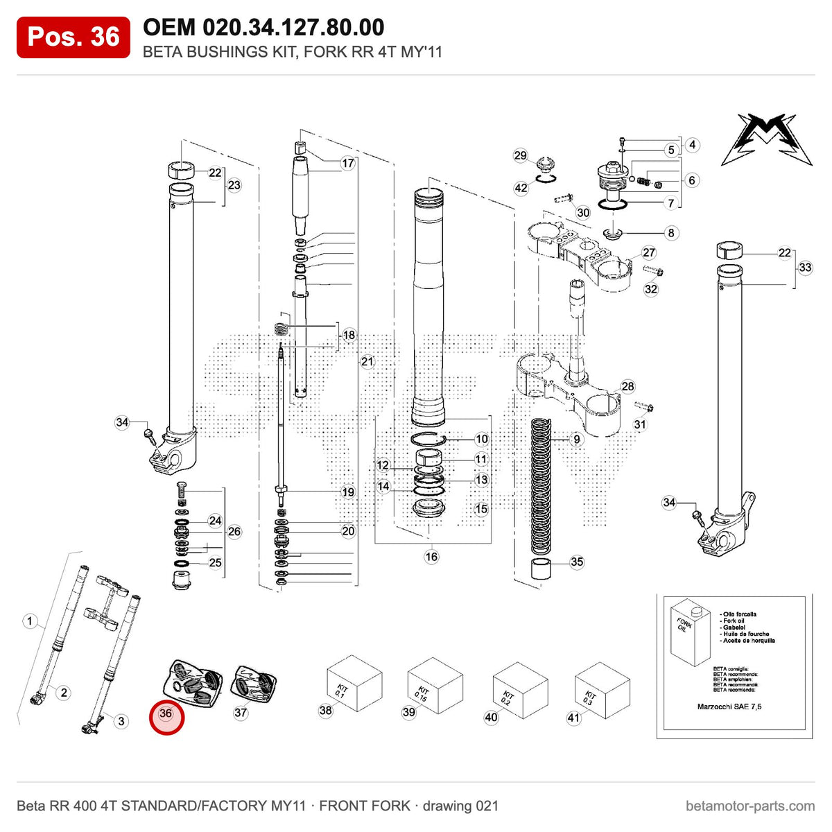 BETA BUSHINGS KIT, FORK RR 4T MY'11 – OEM 020.34.127.80.00, position 36 on the Beta RR 400 4T STANDARD/FACTORY MY11 front fork drawing