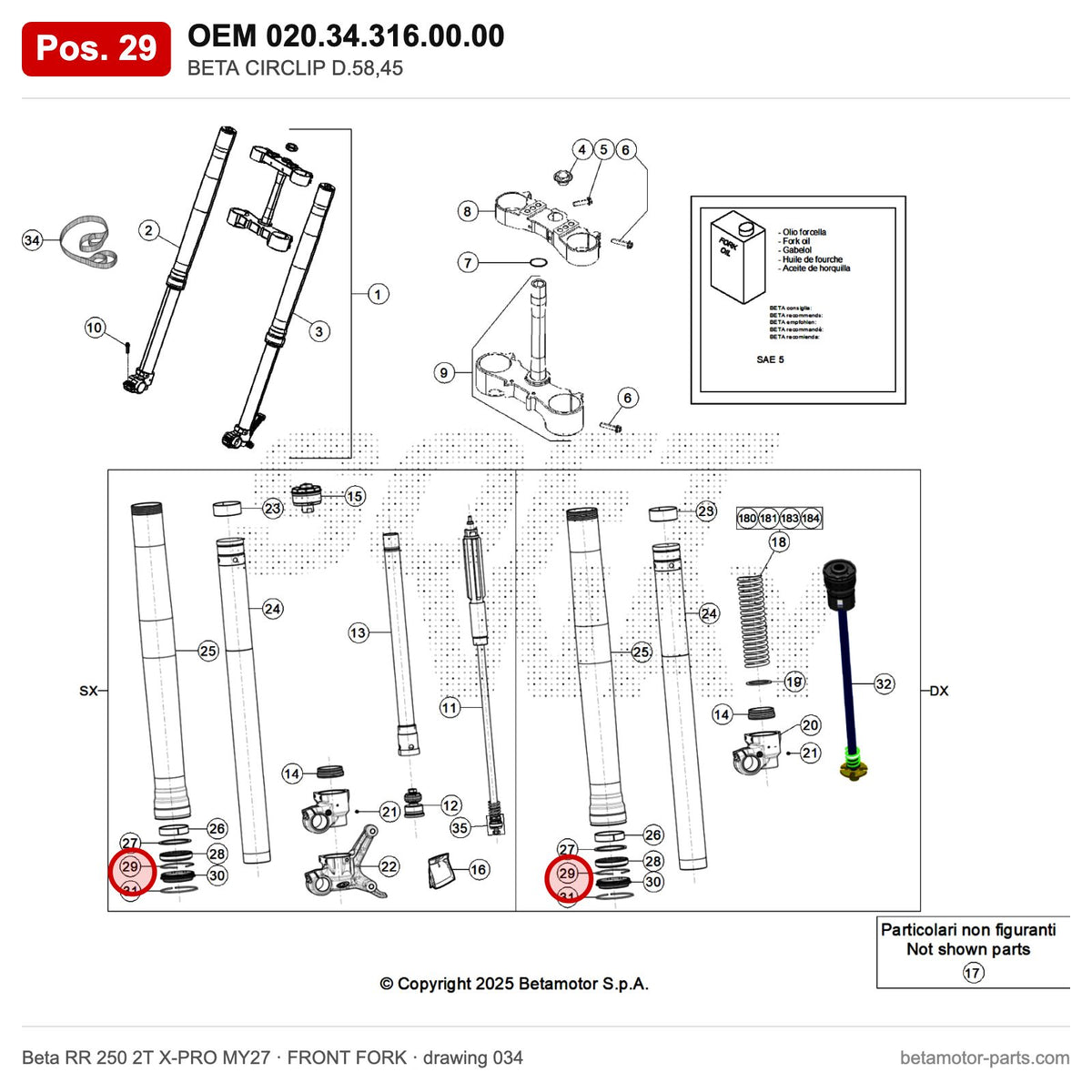BETA CIRCLIP D.58,45 – OEM 020.34.316.00.00, position 29 on the Beta RR 250 2T X-PRO MY27 front fork drawing