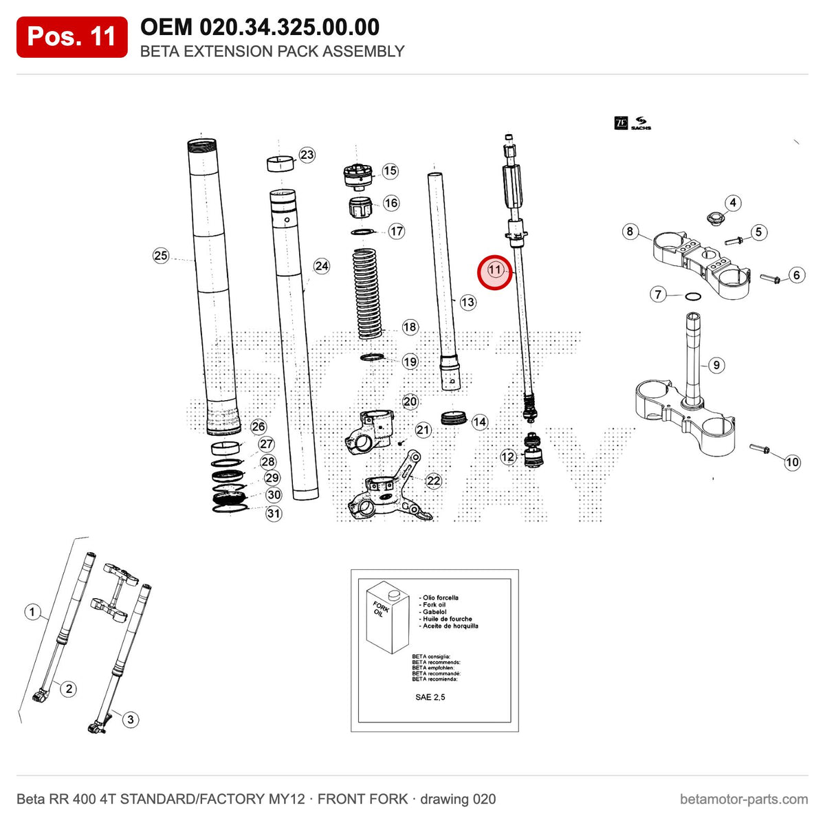BETA EXTENSION PACK ASSEMBLY – OEM 020.34.325.00.00, position 11 on the Beta RR 400 4T STANDARD/FACTORY MY12 front fork drawing