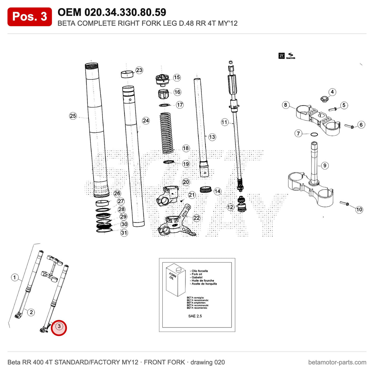 BETA COMPLETE RIGHT FORK LEG D.48 RR 4T MY'12 – OEM 020.34.330.80.59, position 3 on the Beta RR 400 4T STANDARD/FACTORY MY12 front fork drawing