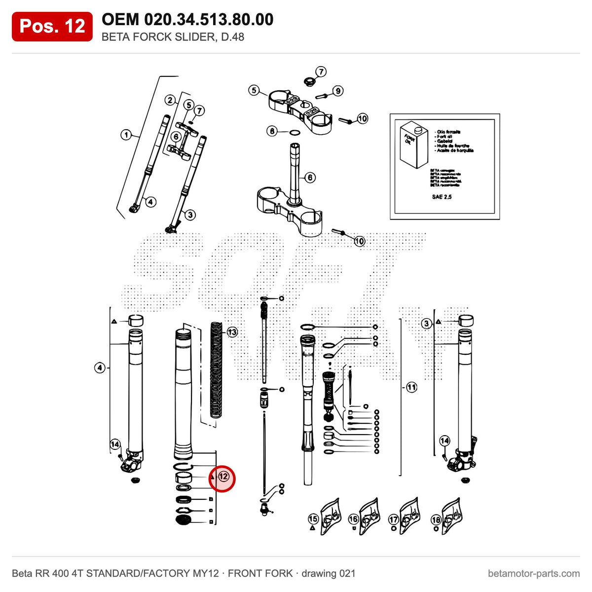 BETA FORCK SLIDER, D.48 – OEM 020.34.513.80.00, position 12 on the Beta RR 400 4T STANDARD/FACTORY MY12 front fork drawing