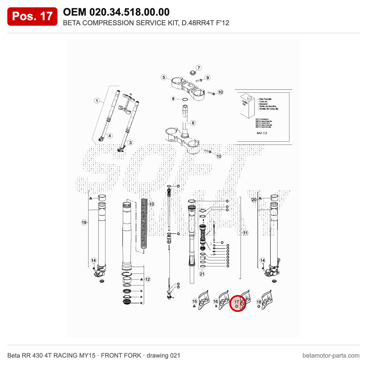 BETA COMPRESSION SERVICE KIT, D.48RR4T F'12 – OEM 020.34.518.00.00, position 17 on the Beta RR 430 4T RACING MY15 front fork drawing