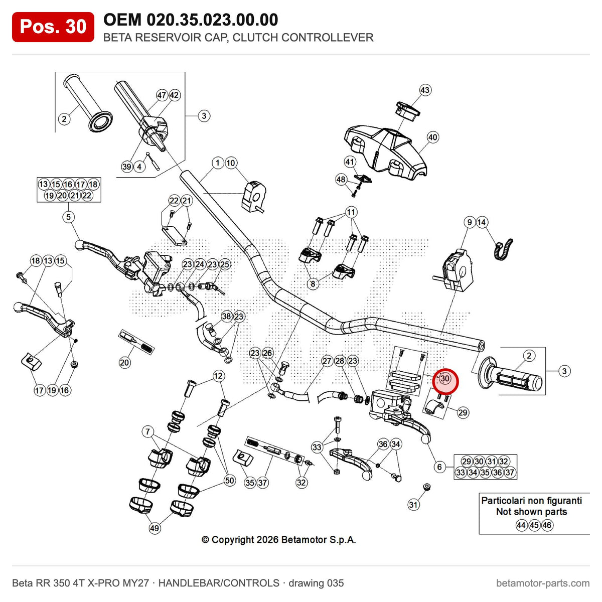 BETA RESERVOIR CAP, CLUTCH CONTROLLEVER – OEM 020.35.023.00.00, position 30 on the Beta RR 350 4T X-PRO MY27 handlebar/controls drawing