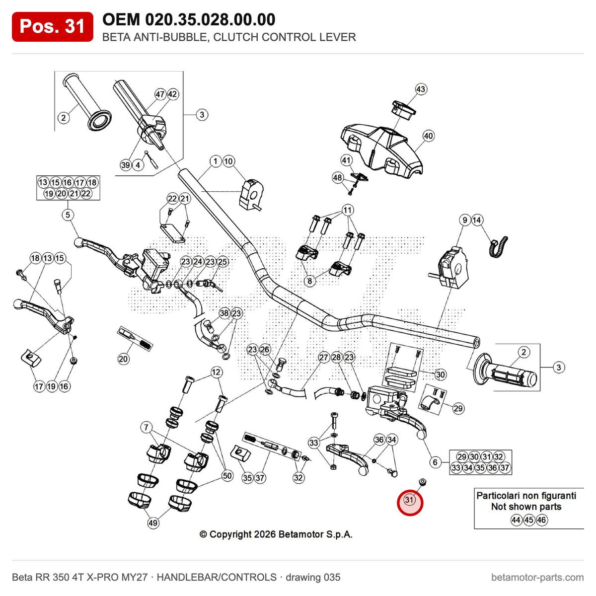BETA ANTI-BUBBLE, CLUTCH CONTROL LEVER – OEM 020.35.028.00.00, position 31 on the Beta RR 350 4T X-PRO MY27 handlebar/controls drawing