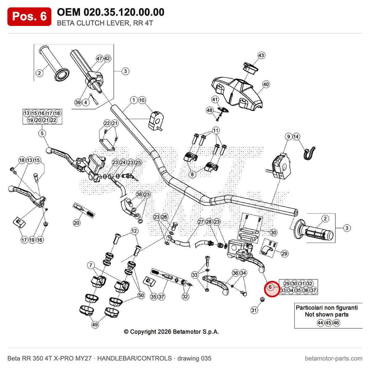 BETA CLUTCH LEVER, RR 4T – OEM 020.35.120.00.00, position 6 on the Beta RR 350 4T X-PRO MY27 handlebar/controls drawing