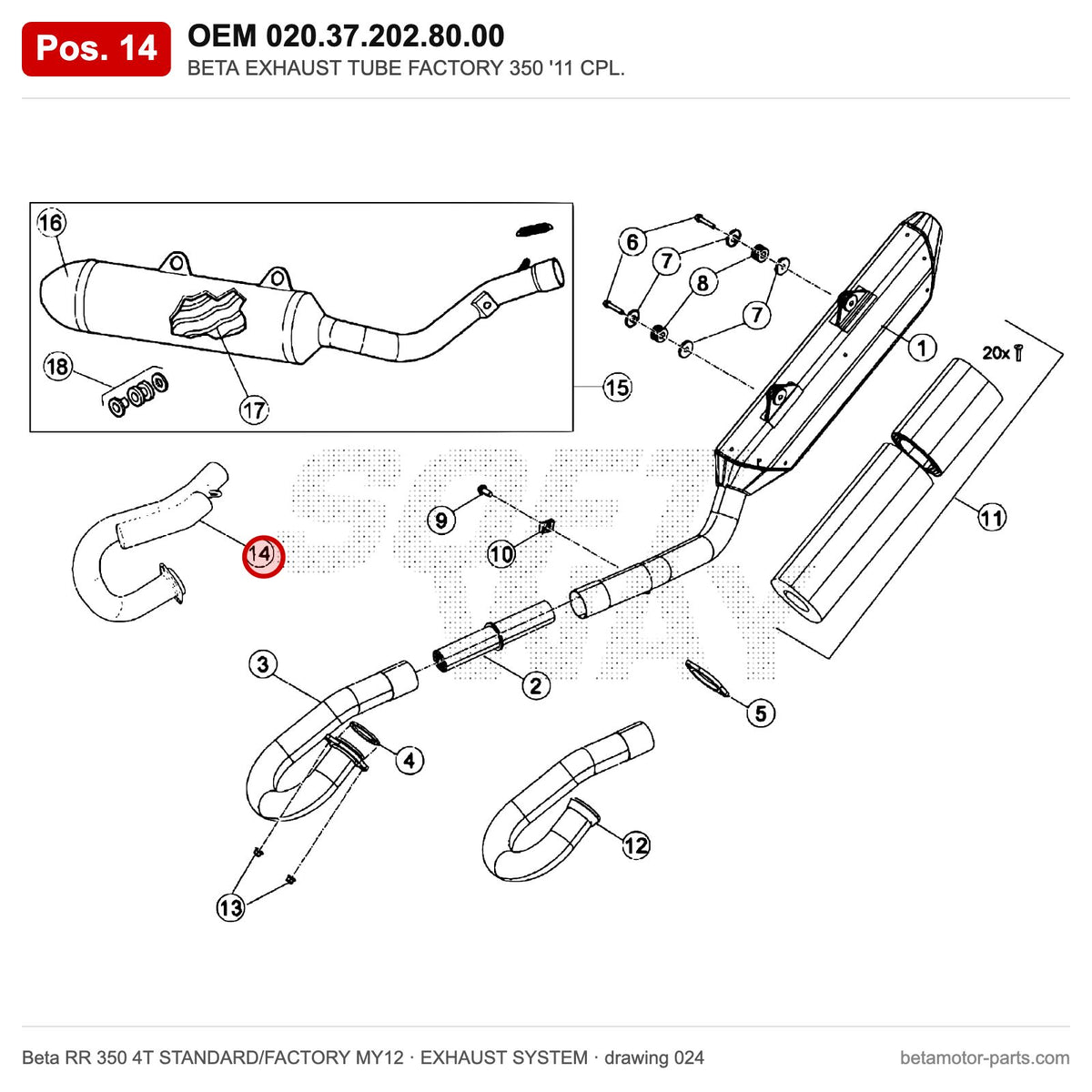 BETA EXHAUST TUBE FACTORY 350 '11 CPL. – OEM 020.37.202.80.00, position 14 on the Beta RR 350 4T STANDARD/FACTORY MY12 exhaust system drawing