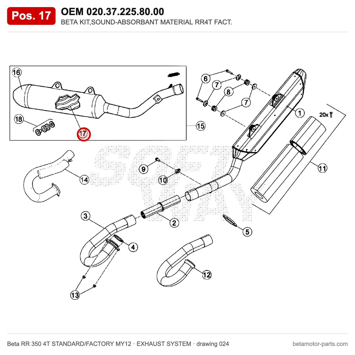 BETA KIT,SOUND-ABSORBANT MATERIAL RR4T FACT. – OEM 020.37.225.80.00, position 17 on the Beta RR 350 4T STANDARD/FACTORY MY12 exhaust system drawing