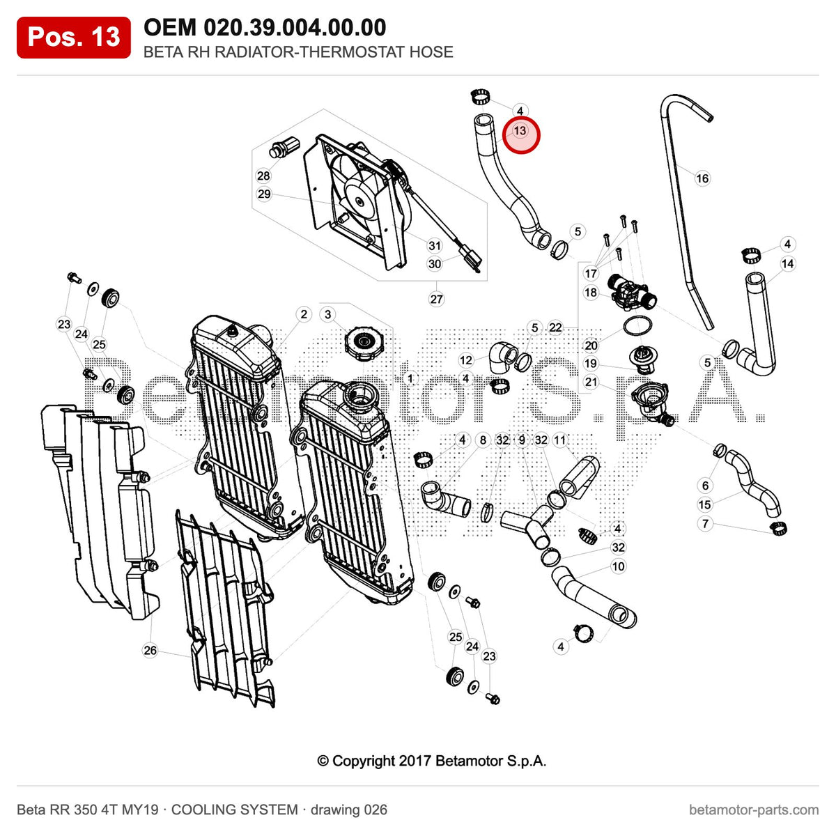 BETA RH RADIATOR-THERMOSTAT HOSE – OEM 020.39.004.00.00, position 13 on the Beta RR 350 4T MY19 cooling system drawing