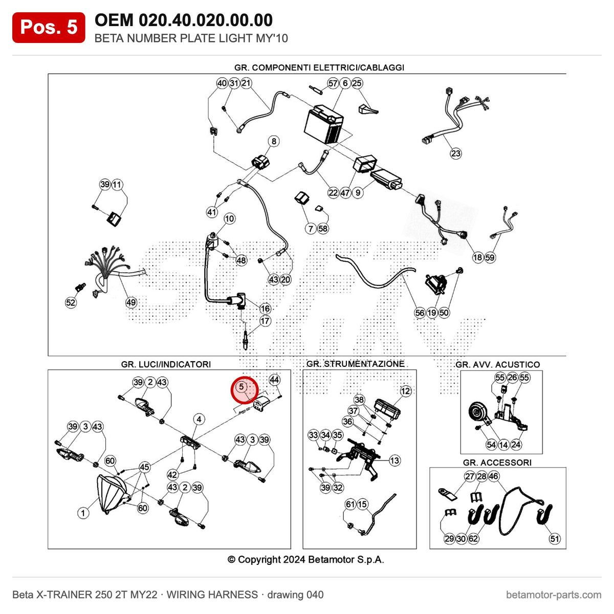 BETA NUMBER PLATE LIGHT MY'10 – OEM 020.40.020.00.00, position 5 on the Beta X-TRAINER 250 2T MY22 wiring harness drawing