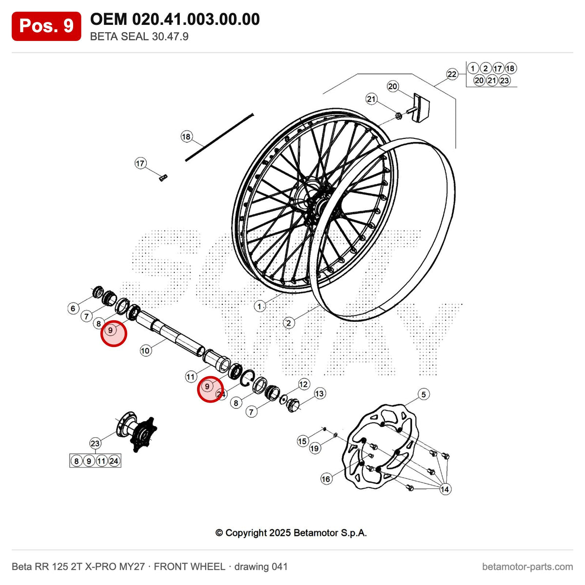 BETA SEAL 30.47.9 – OEM 020.41.003.00.00, position 9 on the Beta RR 125 2T X-PRO MY27 front wheel drawing