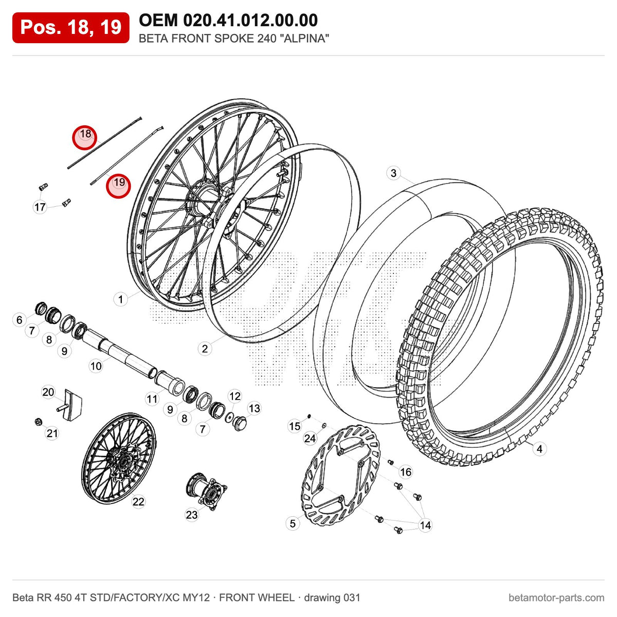 BETA FRONT SPOKE 240 "ALPINA" – OEM 020.41.012.00.00, positions 18,19 on the Beta RR 450 4T STD/FACTORY/XC MY12 front wheel drawing