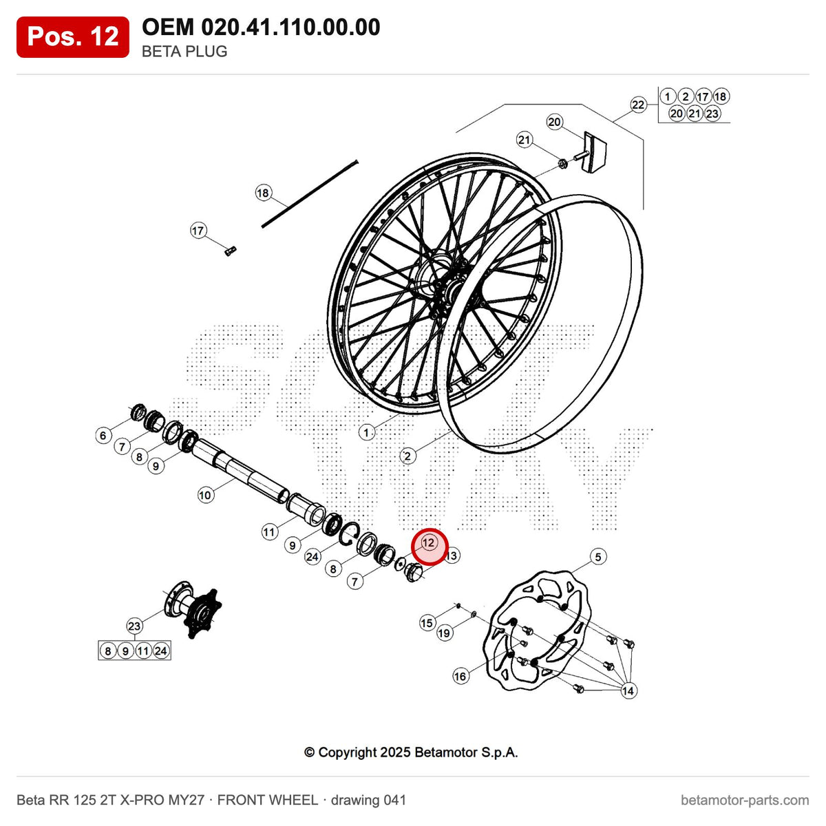 BETA PLUG – OEM 020.41.110.00.00, position 12 on the Beta RR 125 2T X-PRO MY27 front wheel drawing