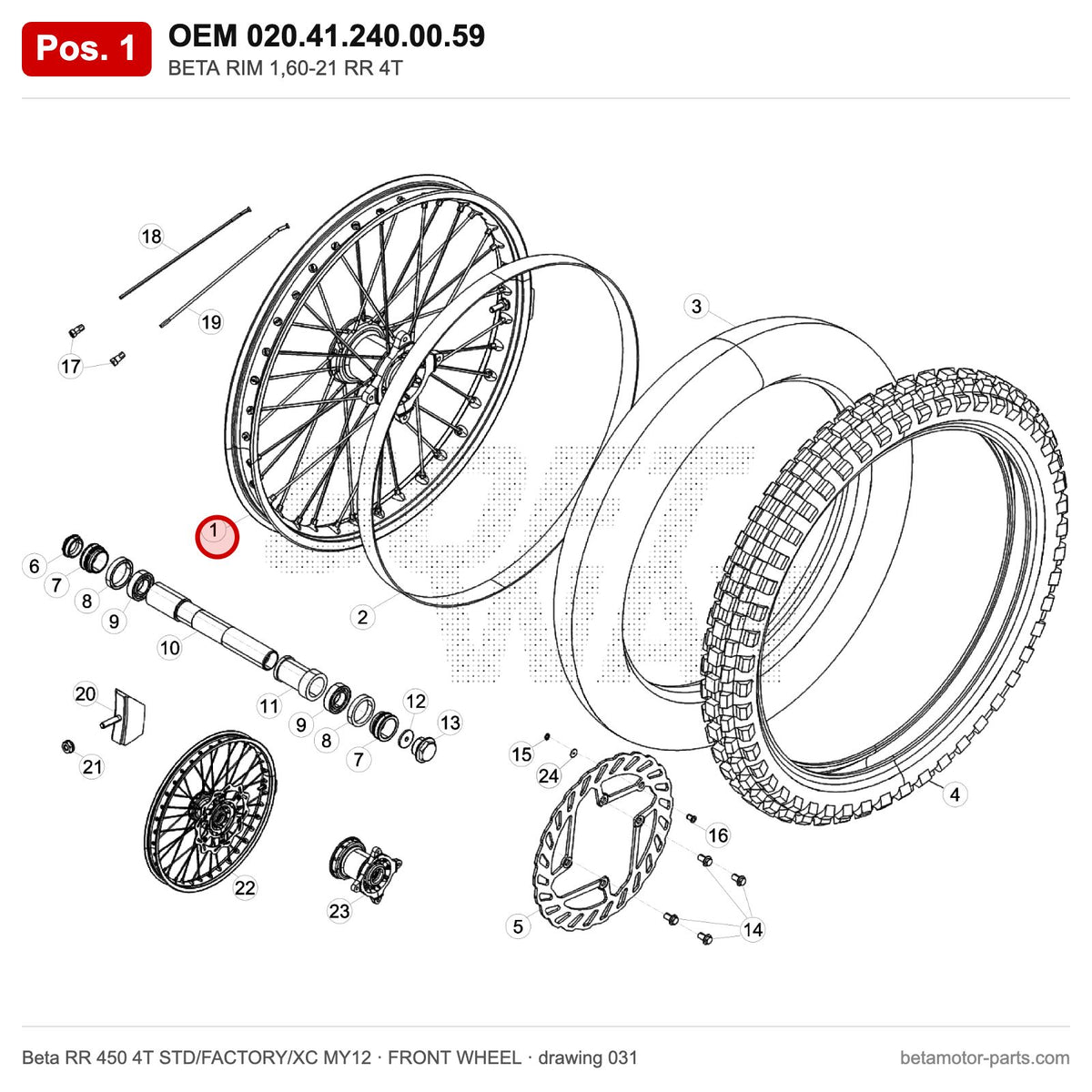 BETA RIM 1,60-21 RR 4T – OEM 020.41.240.00.59, position 1 on the Beta RR 450 4T STD/FACTORY/XC MY12 front wheel drawing