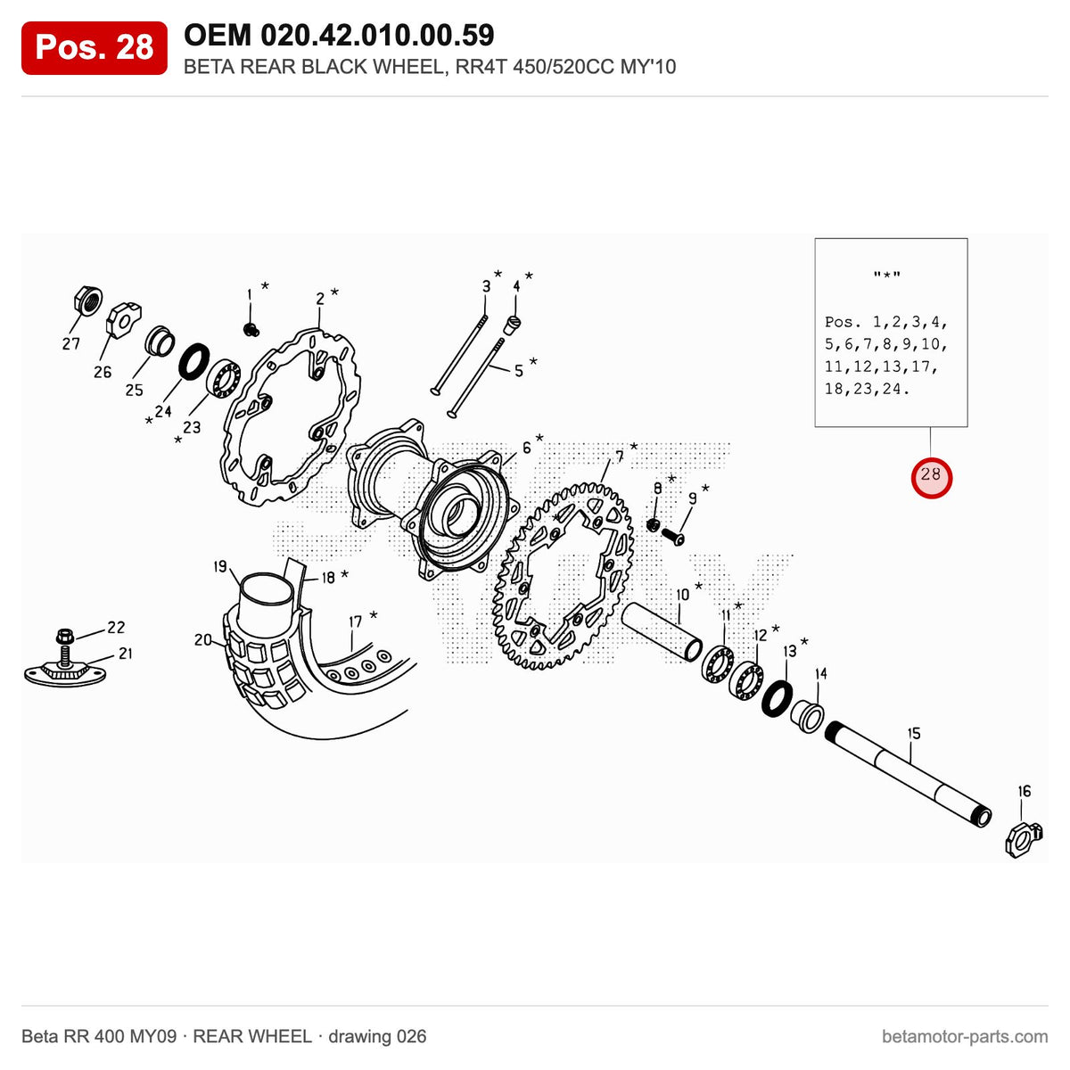 BETA REAR BLACK WHEEL, RR4T 450/520CC MY'10 – OEM 020.42.010.00.59, position 28 on the Beta RR 400 MY09 rear wheel drawing
