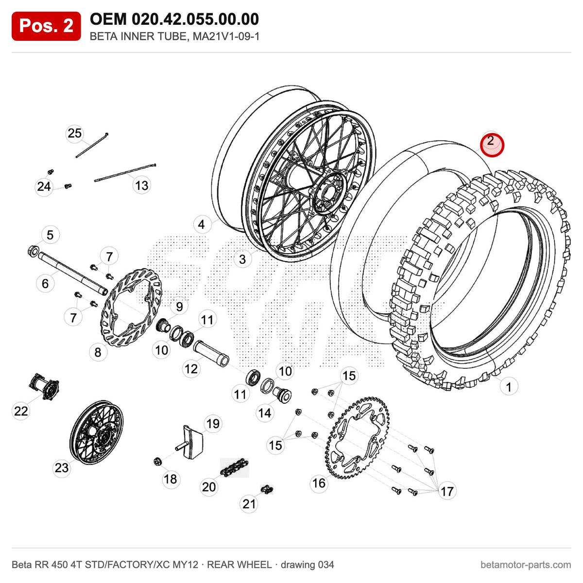 BETA INNER TUBE, MA21V1-09-1 – OEM 020.42.055.00.00, position 2 on the Beta RR 450 4T STD/FACTORY/XC MY12 rear wheel drawing