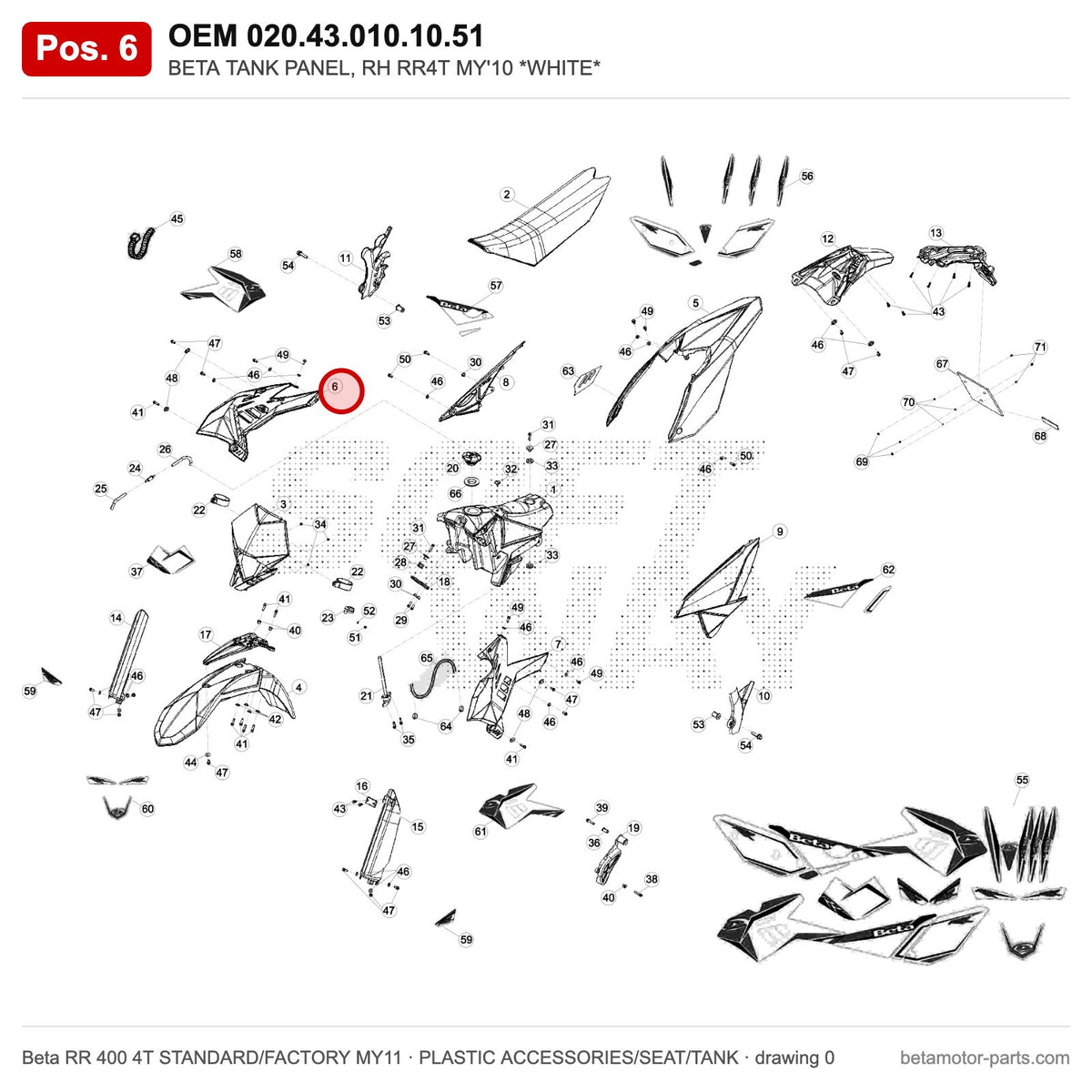 BETA TANK PANEL, RH RR4T MY'10 *WHITE* – OEM 020.43.010.10.51, position 6 on the Beta RR 400 4T STANDARD/FACTORY MY11 plastic accessories/seat/tank drawing