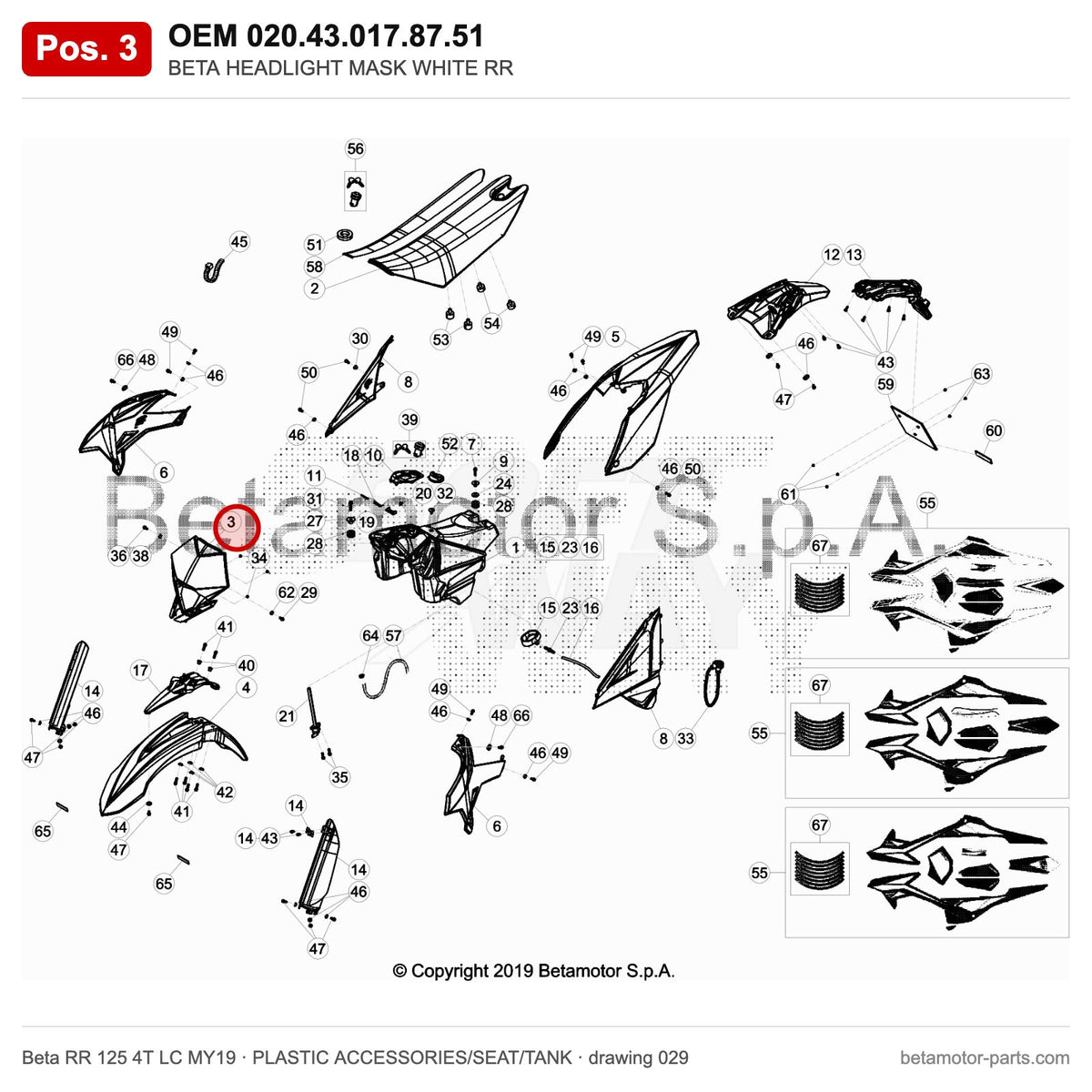 BETA HEADLIGHT MASK WHITE RR – OEM 020.43.017.87.51, position 3 on the Beta RR 125 4T LC MY19 plastic accessories/seat/tank drawing