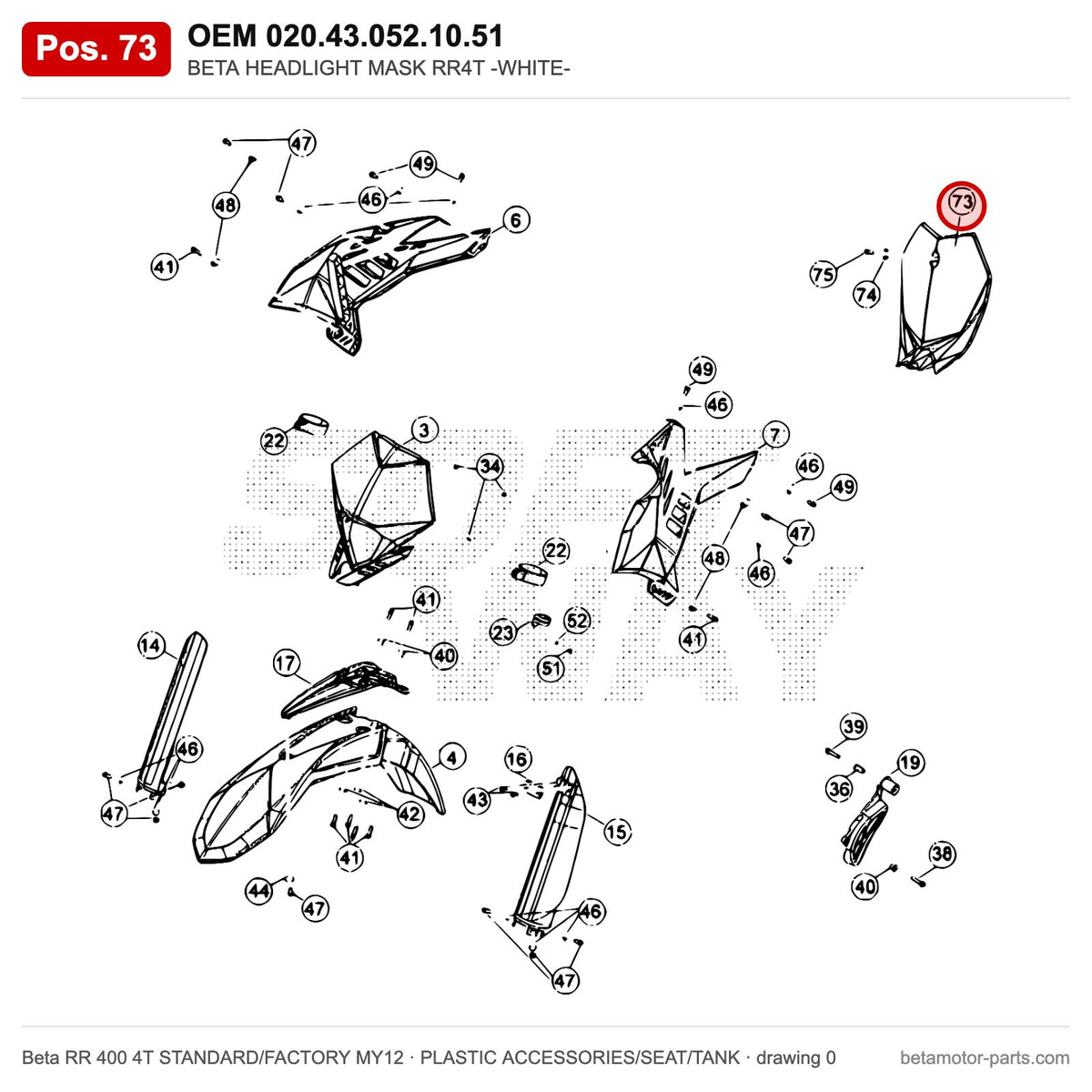 BETA HEADLIGHT MASK RR4T -WHITE- – OEM 020.43.052.10.51, position 73 on the Beta RR 400 4T STANDARD/FACTORY MY12 plastic accessories/seat/tank drawing