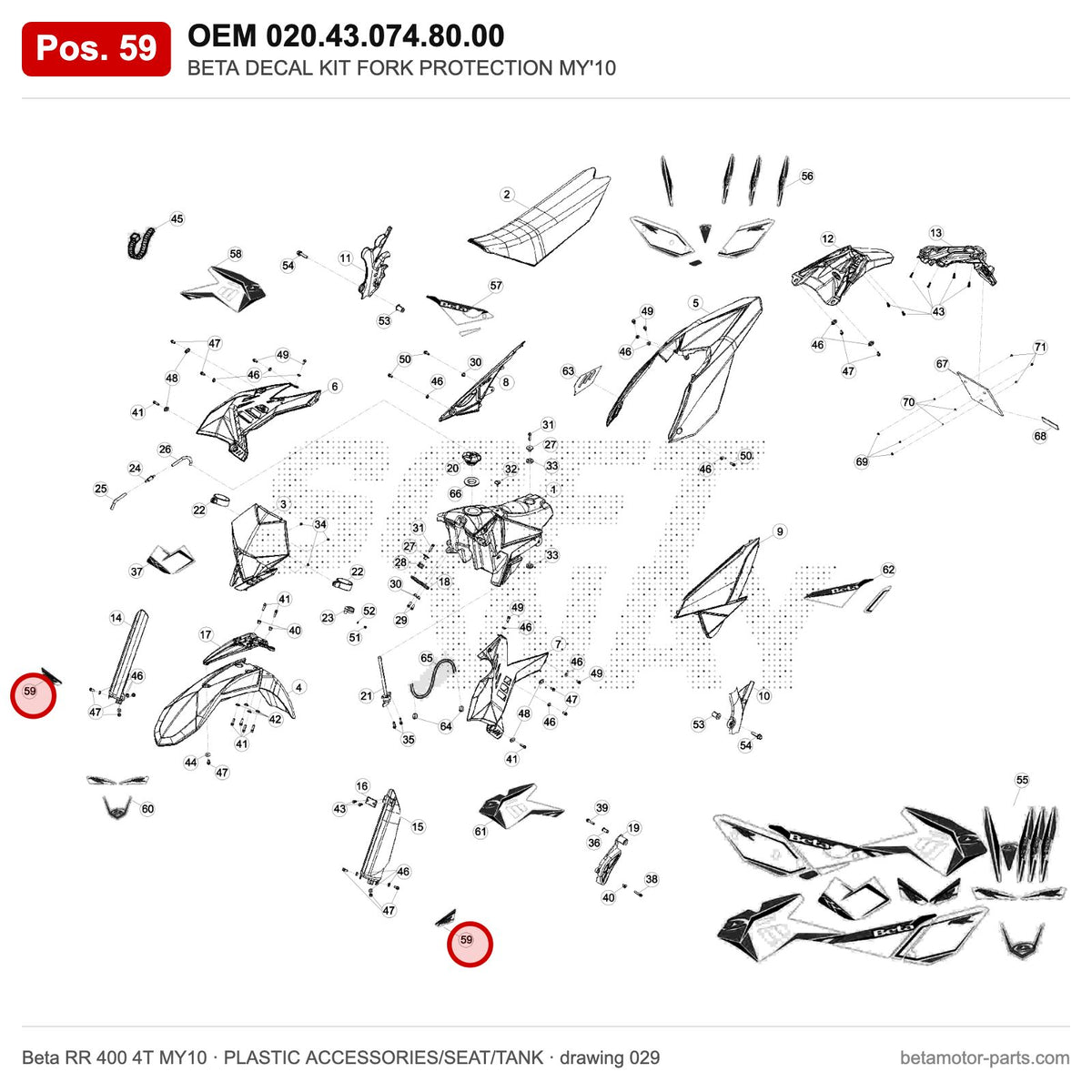 BETA DECAL KIT FORK PROTECTION MY'10 – OEM 020.43.074.80.00, position 59 on the Beta RR 400 4T MY10 plastic accessories/seat/tank drawing