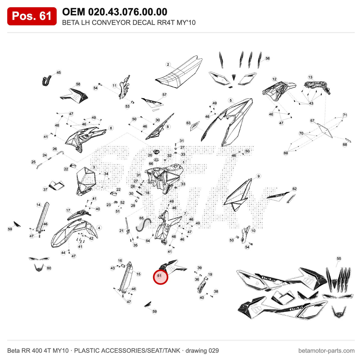 BETA LH CONVEYOR DECAL RR4T MY'10 – OEM 020.43.076.00.00, position 61 on the Beta RR 400 4T MY10 plastic accessories/seat/tank drawing