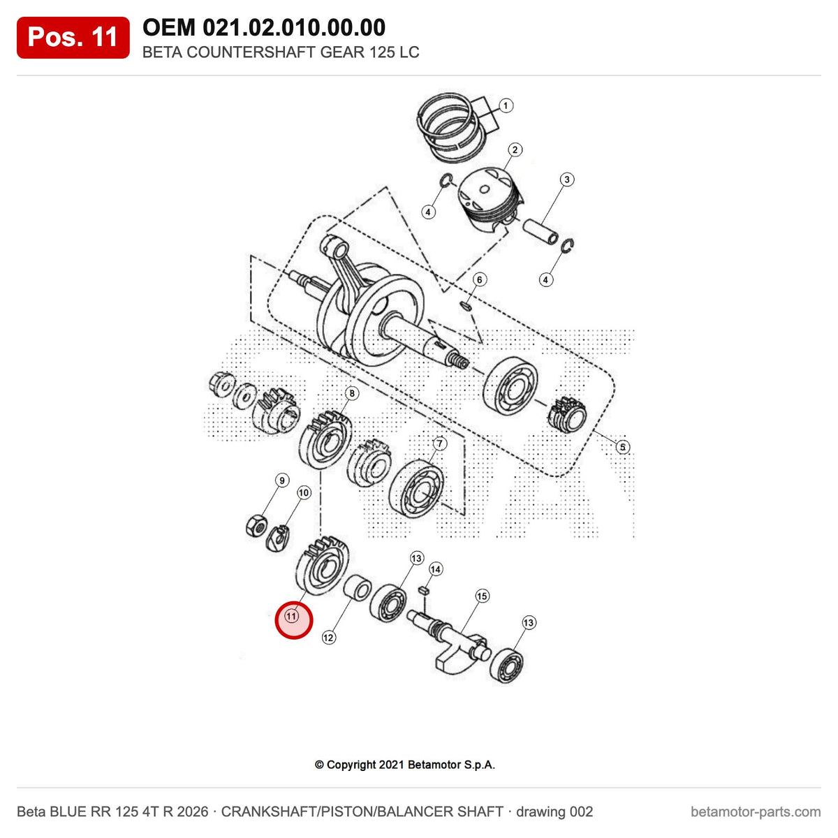 BETA COUNTERSHAFT GEAR 125 LC – OEM 021.02.010.00.00, position 11 on the Beta BLUE RR 125 4T R 2026 crankshaft/piston/balancer shaft drawing