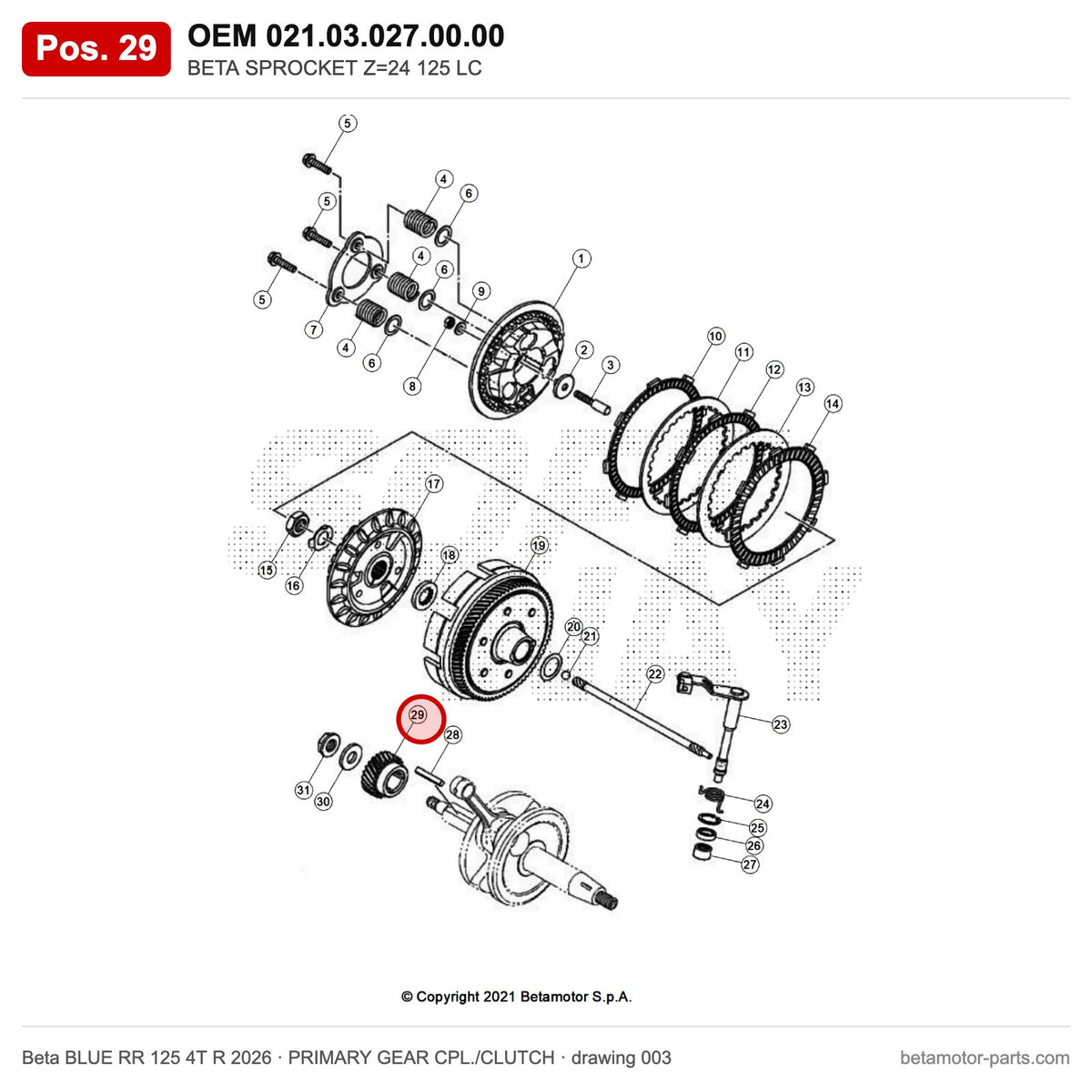 BETA SPROCKET Z=24 125 LC – OEM 021.03.027.00.00, position 29 on the Beta BLUE RR 125 4T R 2026 primary gear cpl./clutch drawing