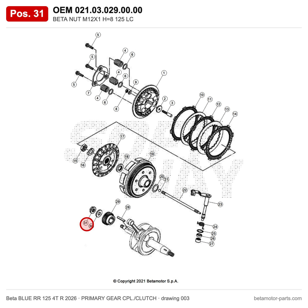 BETA NUT M12X1 H=8 125 LC – OEM 021.03.029.00.00, position 31 on the Beta BLUE RR 125 4T R 2026 primary gear cpl./clutch drawing