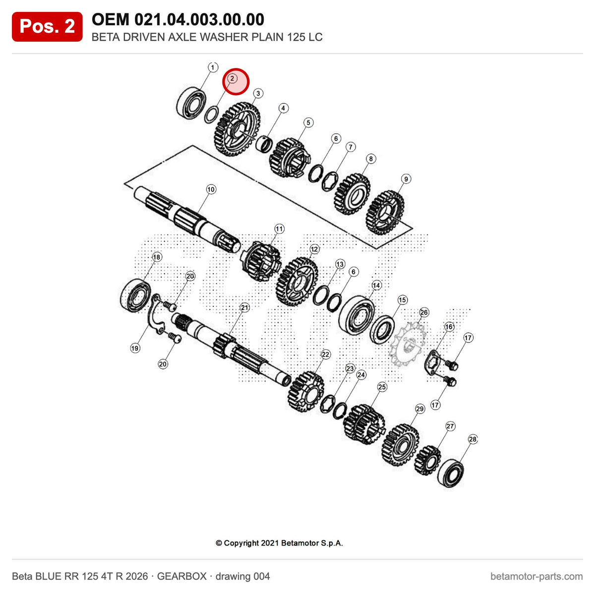 BETA DRIVEN AXLE WASHER PLAIN 125 LC – OEM 021.04.003.00.00, position 2 on the Beta BLUE RR 125 4T R 2026 gearbox drawing
