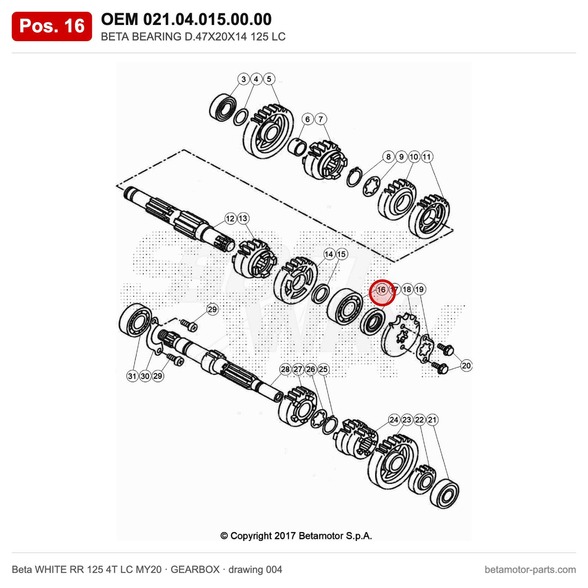 BETA BEARING D.47X20X14 125 LC – OEM 021.04.015.00.00, position 16 on the Beta WHITE RR 125 4T LC MY20 gearbox drawing