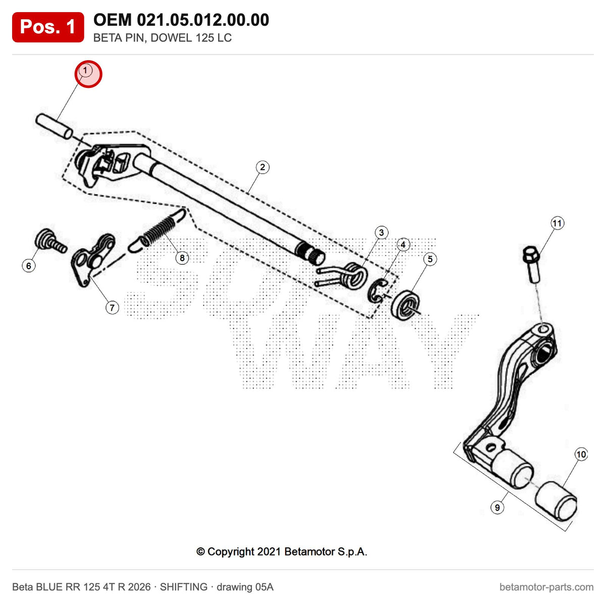 BETA PIN, DOWEL 125 LC – OEM 021.05.012.00.00, position 1 on the Beta BLUE RR 125 4T R 2026 shifting drawing