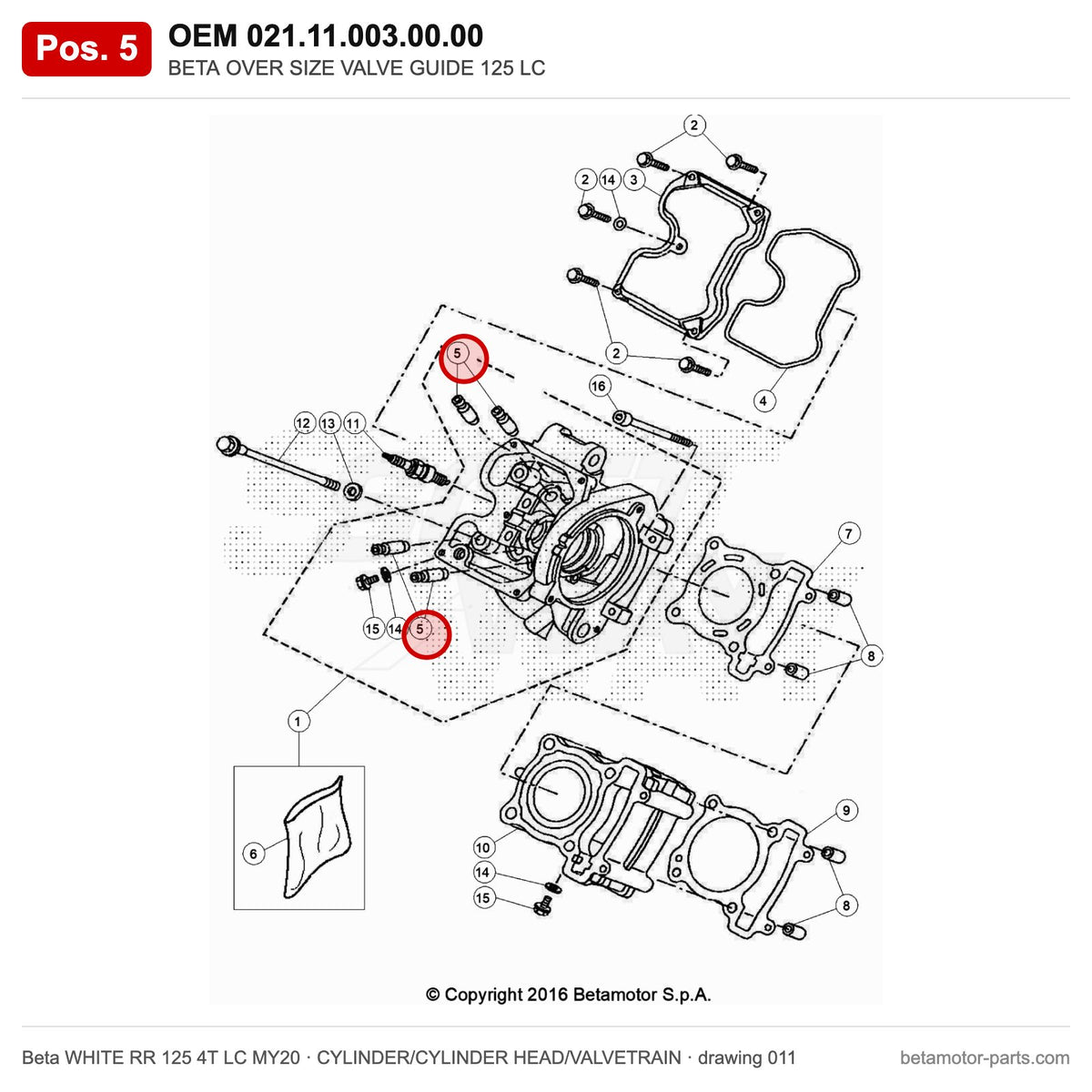 BETA OVER SIZE VALVE GUIDE 125 LC – OEM 021.11.003.00.00, position 5 on the Beta WHITE RR 125 4T LC MY20 cylinder/cylinder head/valvetrain drawing