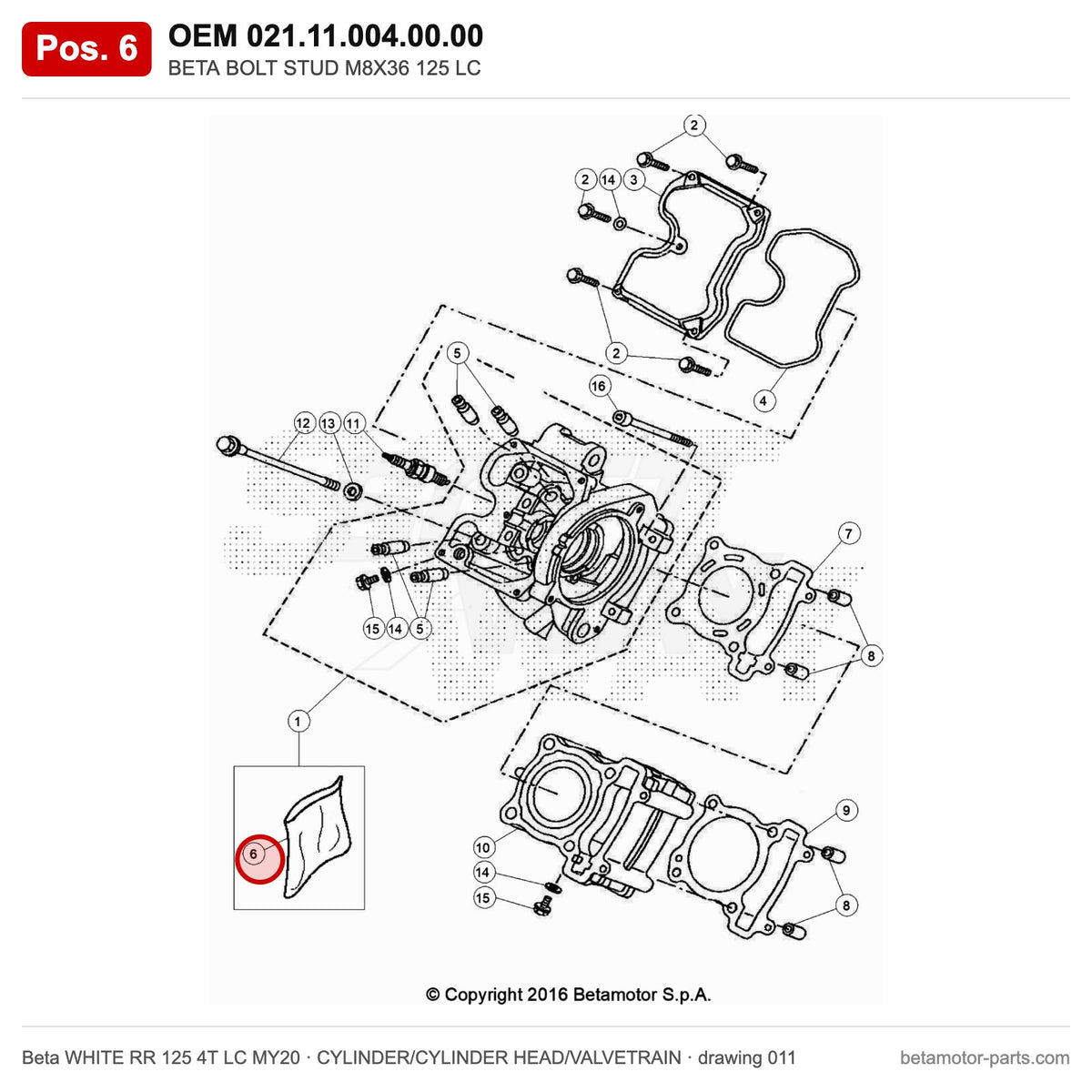 BETA BOLT STUD M8X36 125 LC – OEM 021.11.004.00.00, position 6 on the Beta WHITE RR 125 4T LC MY20 cylinder/cylinder head/valvetrain drawing