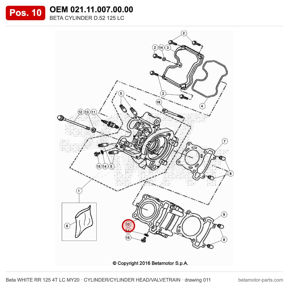 BETA CYLINDER D.52 125 LC – OEM 021.11.007.00.00, position 10 on the Beta WHITE RR 125 4T LC MY20 cylinder/cylinder head/valvetrain drawing