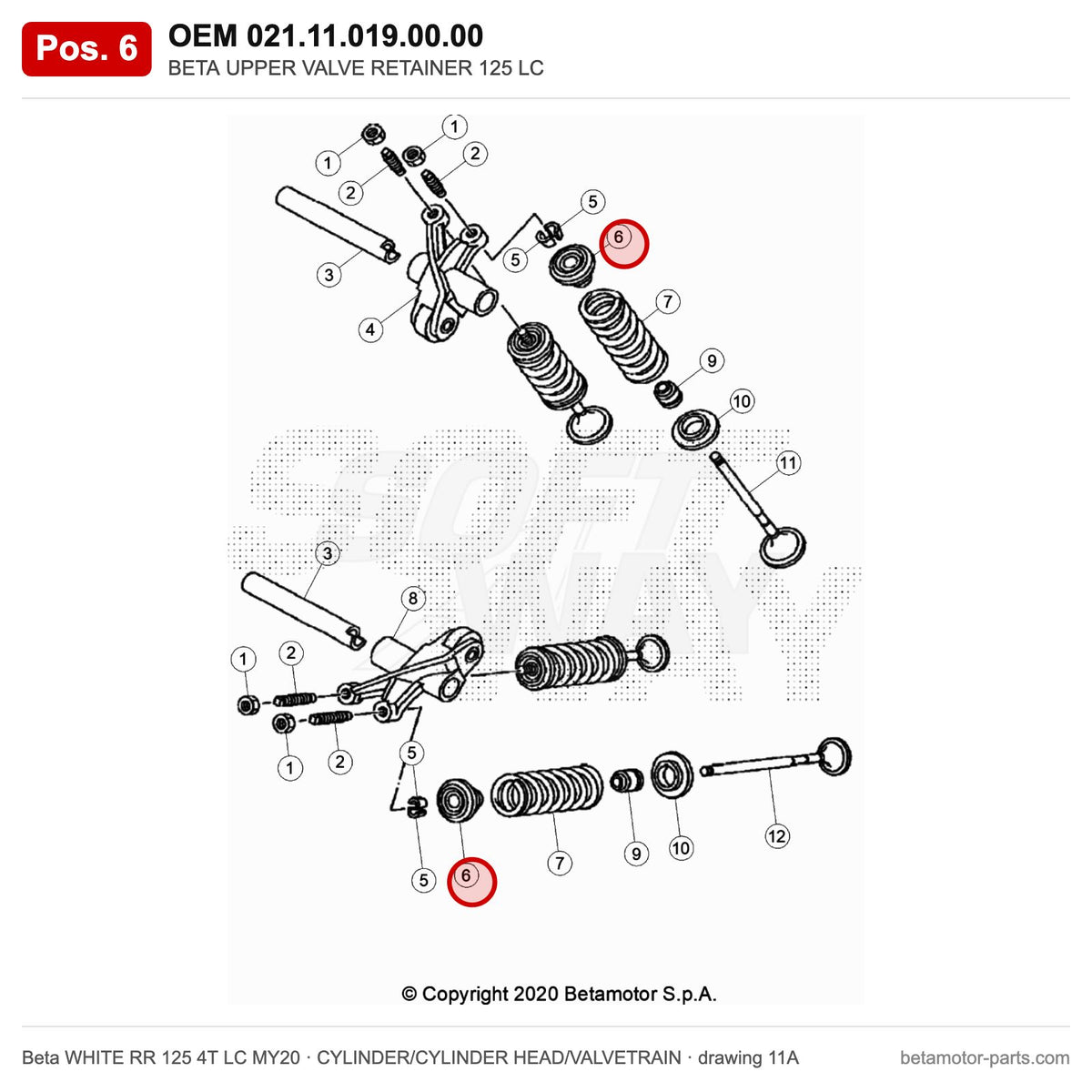 BETA UPPER VALVE RETAINER 125 LC – OEM 021.11.019.00.00, position 6 on the Beta WHITE RR 125 4T LC MY20 cylinder/cylinder head/valvetrain drawing