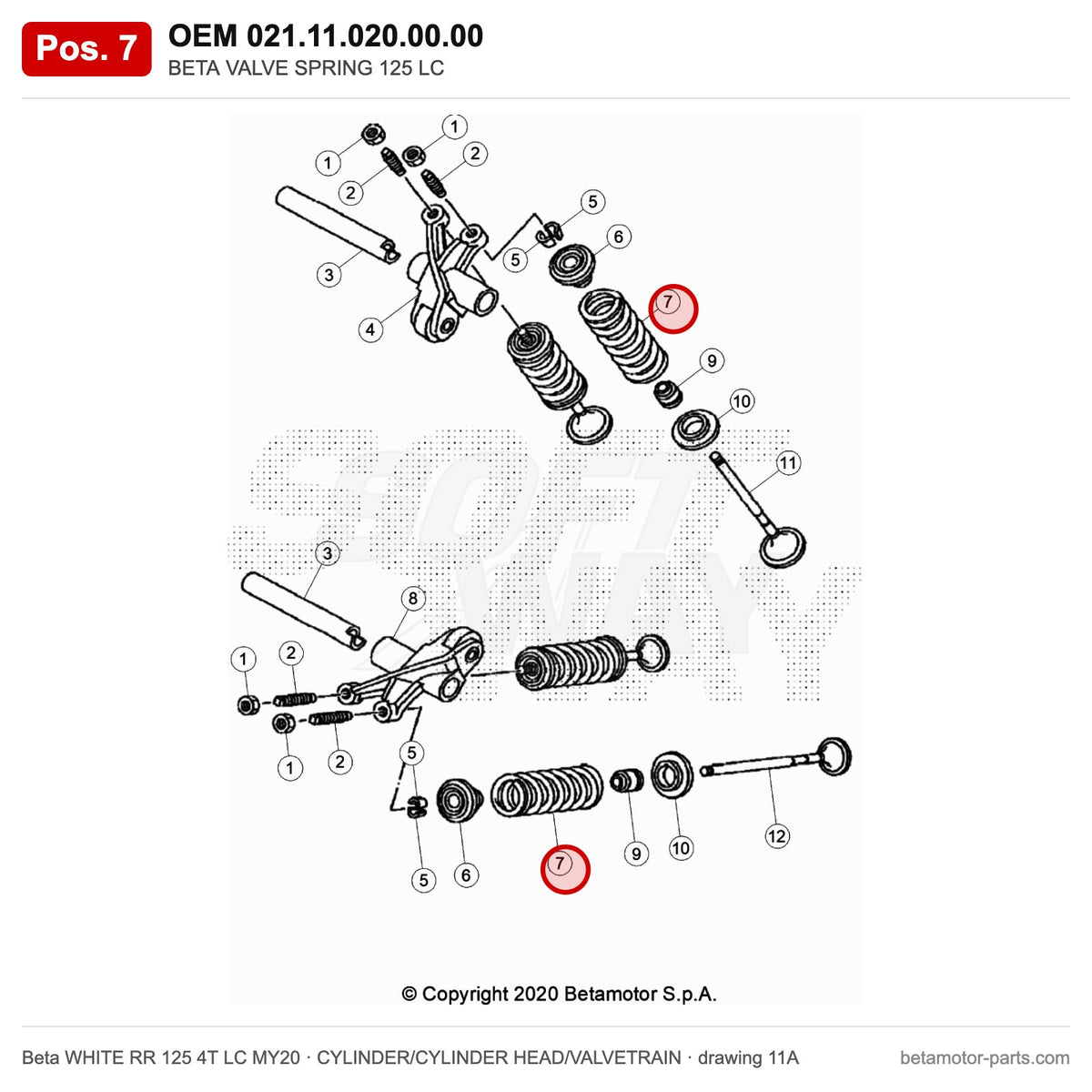 BETA VALVE SPRING 125 LC – OEM 021.11.020.00.00, position 7 on the Beta WHITE RR 125 4T LC MY20 cylinder/cylinder head/valvetrain drawing
