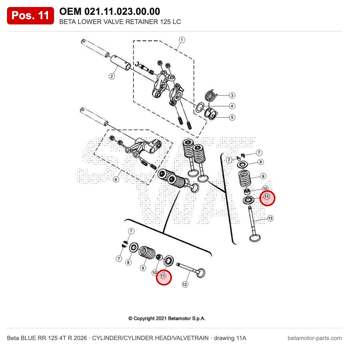 BETA LOWER VALVE RETAINER 125 LC – OEM 021.11.023.00.00, position 11 on the Beta BLUE RR 125 4T R 2026 cylinder/cylinder head/valvetrain drawing