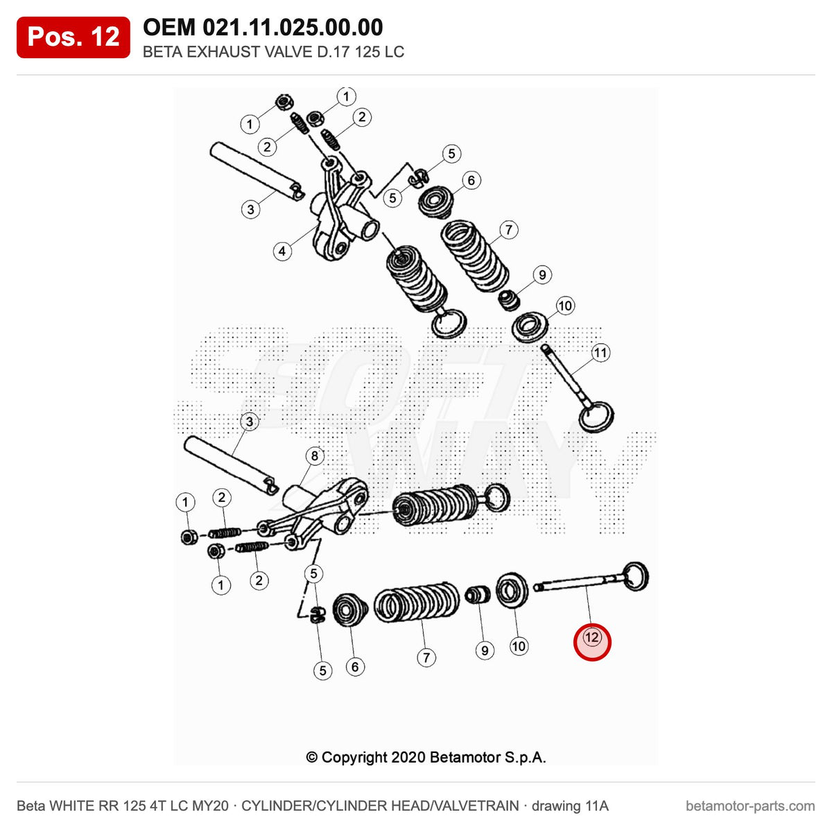 BETA EXHAUST VALVE D.17 125 LC – OEM 021.11.025.00.00, position 12 on the Beta WHITE RR 125 4T LC MY20 cylinder/cylinder head/valvetrain drawing