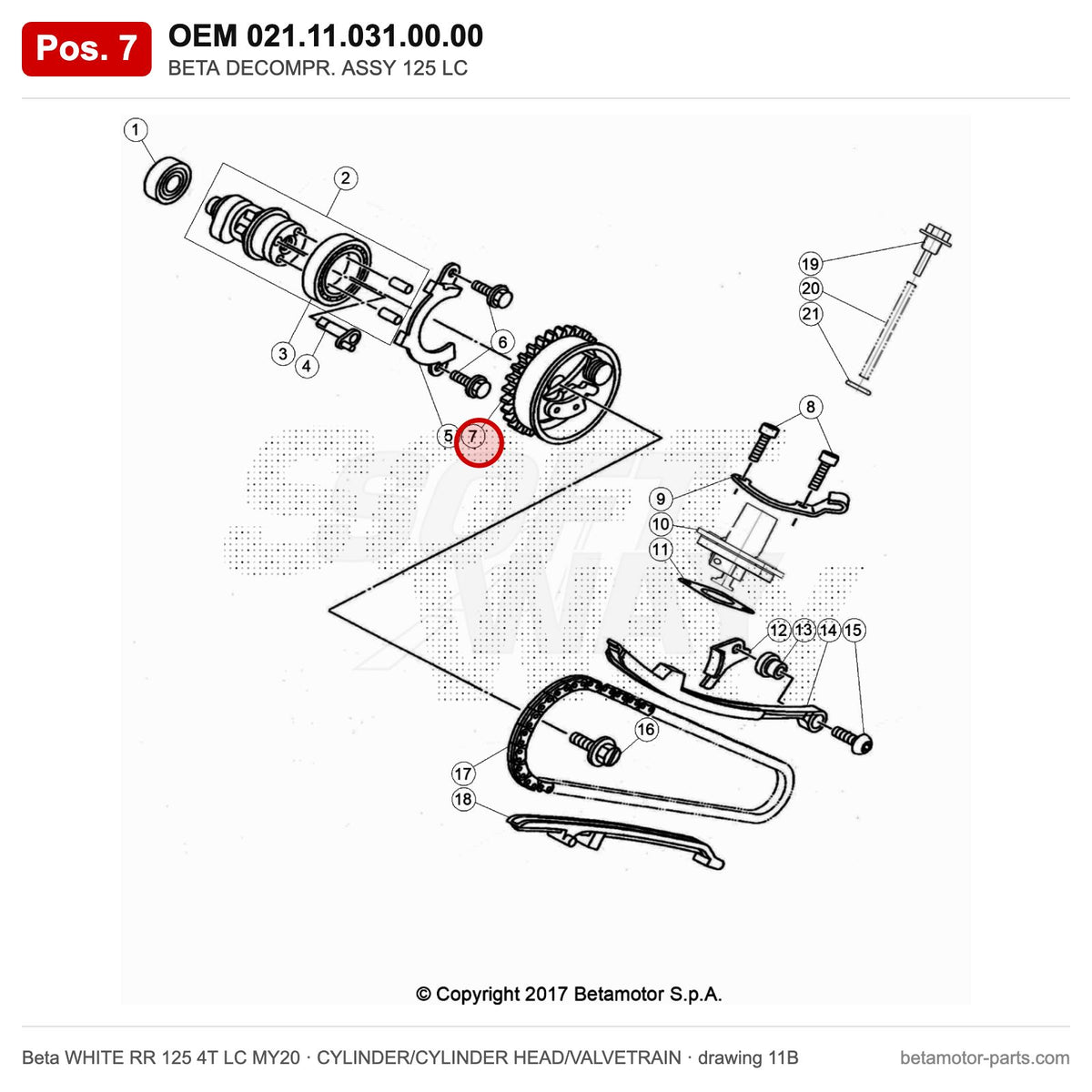 BETA DECOMPR. ASSY 125 LC – OEM 021.11.031.00.00, position 7 on the Beta WHITE RR 125 4T LC MY20 cylinder/cylinder head/valvetrain drawing