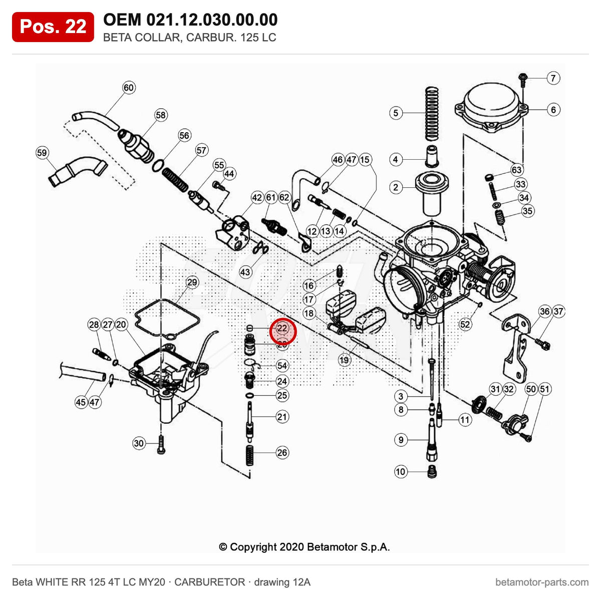 BETA COLLAR, CARBUR. 125 LC – OEM 021.12.030.00.00, position 22 on the Beta WHITE RR 125 4T LC MY20 carburetor drawing
