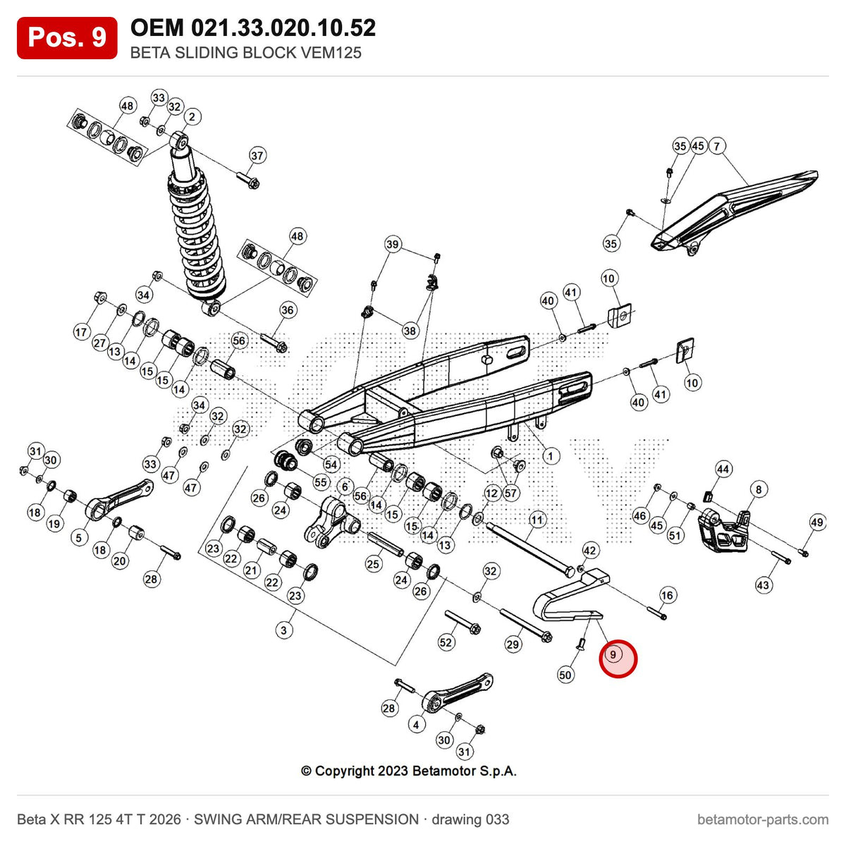 BETA SLIDING BLOCK VEM125 – OEM 021.33.020.10.52, position 9 on the Beta X RR 125 4T T 2026 swing arm/rear suspension drawing