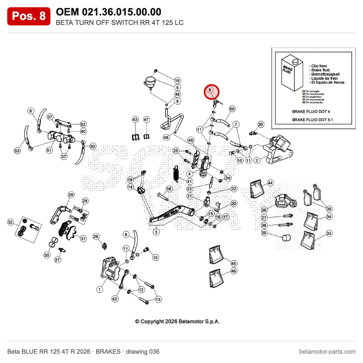 BETA TURN OFF SWITCH RR 4T 125 LC – OEM 021.36.015.00.00, position 8 on the Beta BLUE RR 125 4T R 2026 brakes drawing