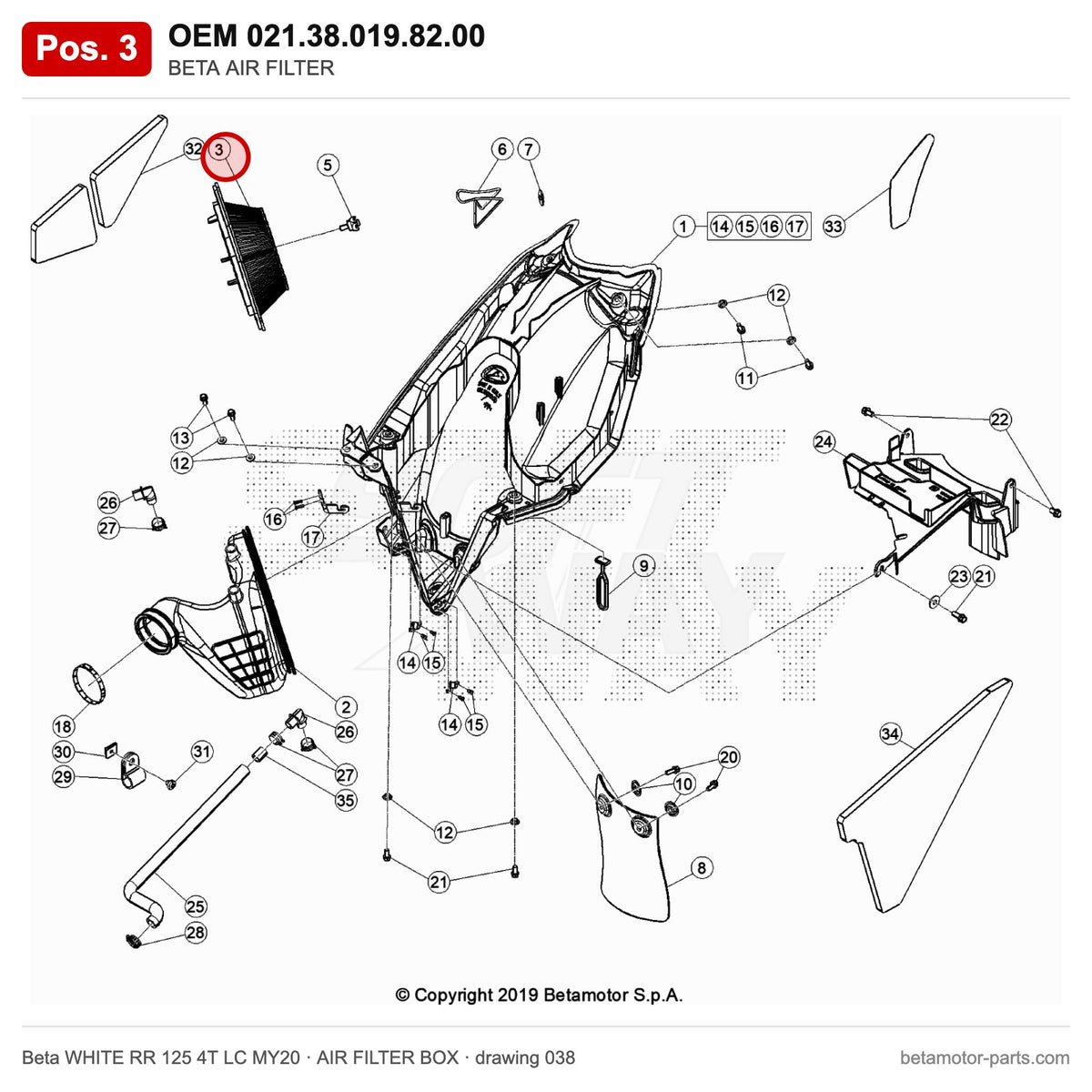 BETA AIR FILTER – OEM 021.38.019.82.00, position 3 on the Beta WHITE RR 125 4T LC MY20 air filter box drawing