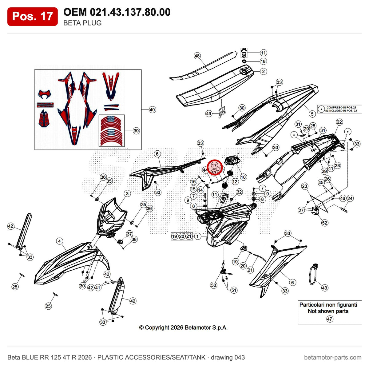 BETA PLUG – OEM 021.43.137.80.00, position 17 on the Beta BLUE RR 125 4T R 2026 plastic accessories/seat/tank drawing