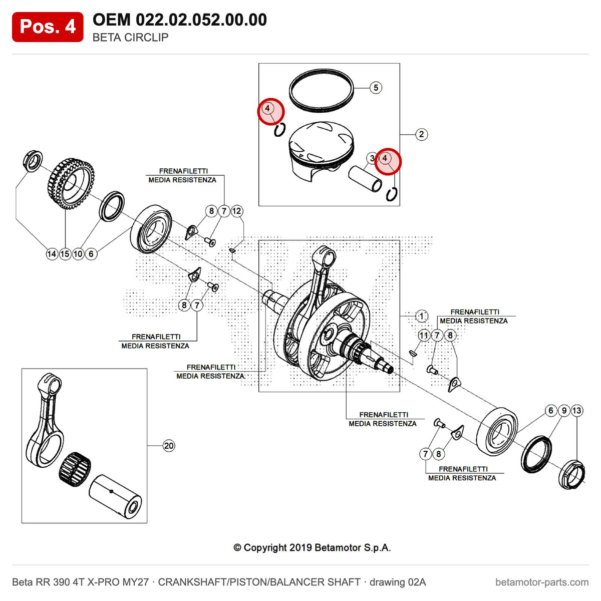 BETA CIRCLIP – OEM 022.02.052.00.00, position 4 on the Beta RR 390 4T X-PRO MY27 crankshaft/piston/balancer shaft drawing