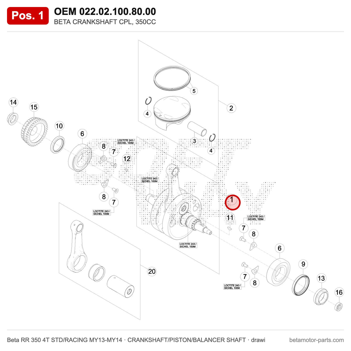 BETA CRANKSHAFT CPL, 350CC – OEM 022.02.100.80.00, position 1 on the Beta RR 350 4T STD/RACING MY13-MY14 crankshaft/piston/balancer shaft drawing